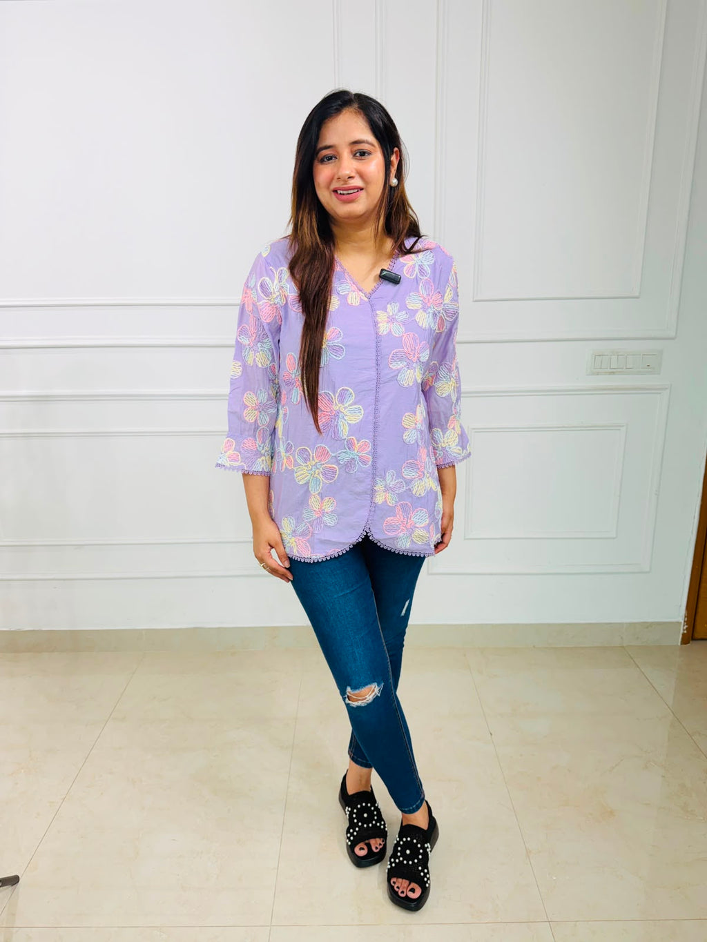 Phoolkari | Floral Embroidered Scallop Hem Top