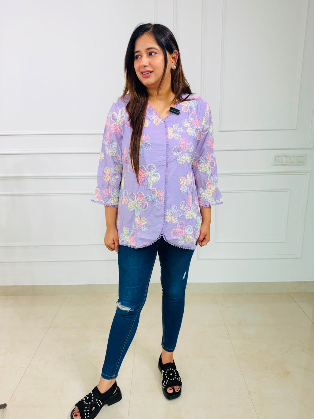 Phoolkari | Floral Embroidered Scallop Hem Top