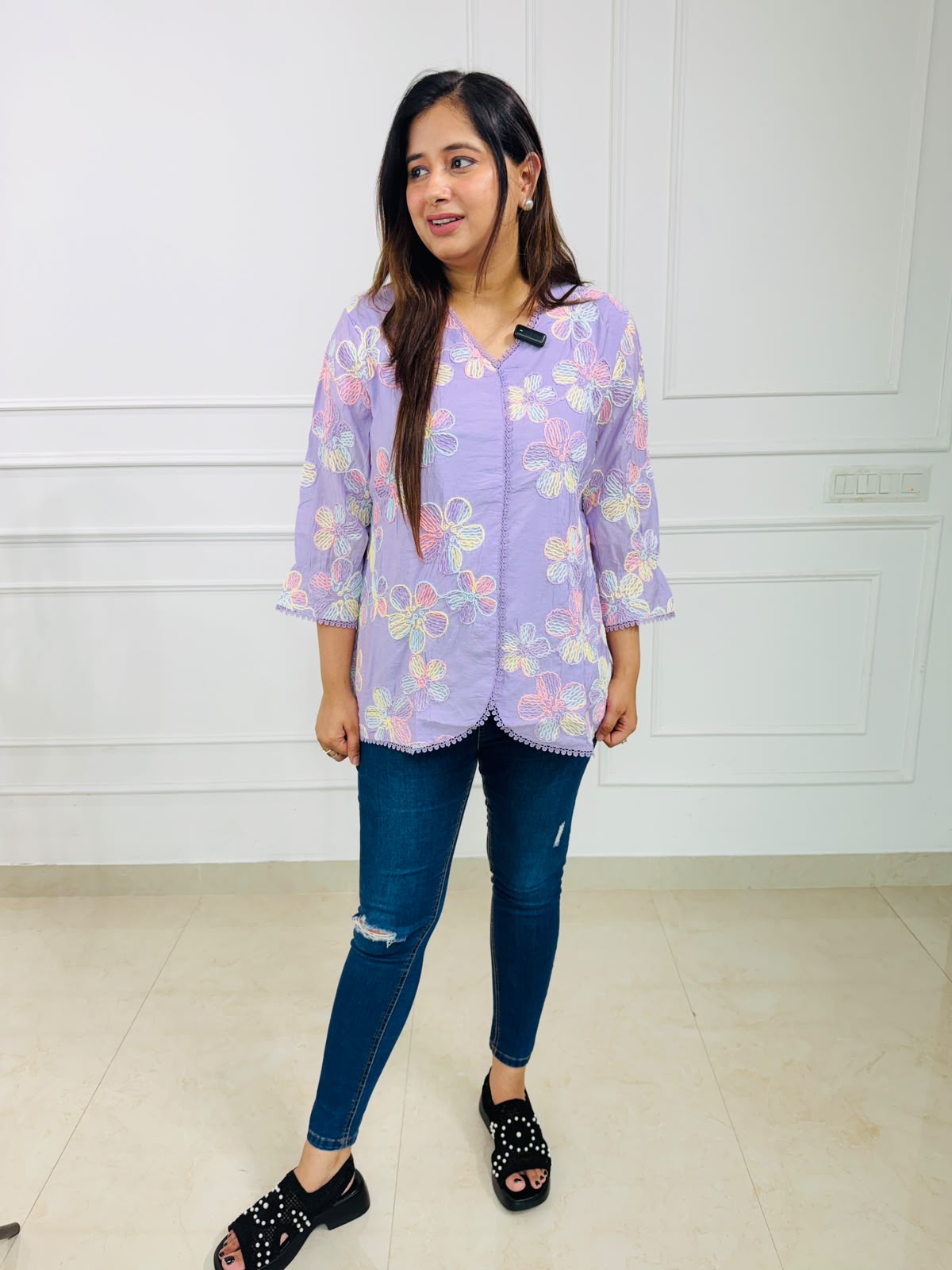 Phoolkari | Floral Embroidered Scallop Hem Top