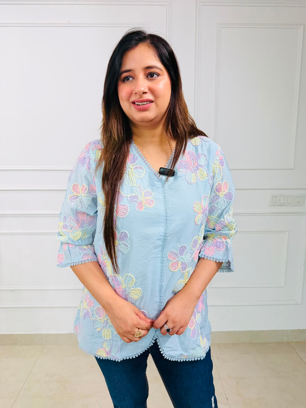 Phoolkari | Floral Embroidered Scallop Hem Top