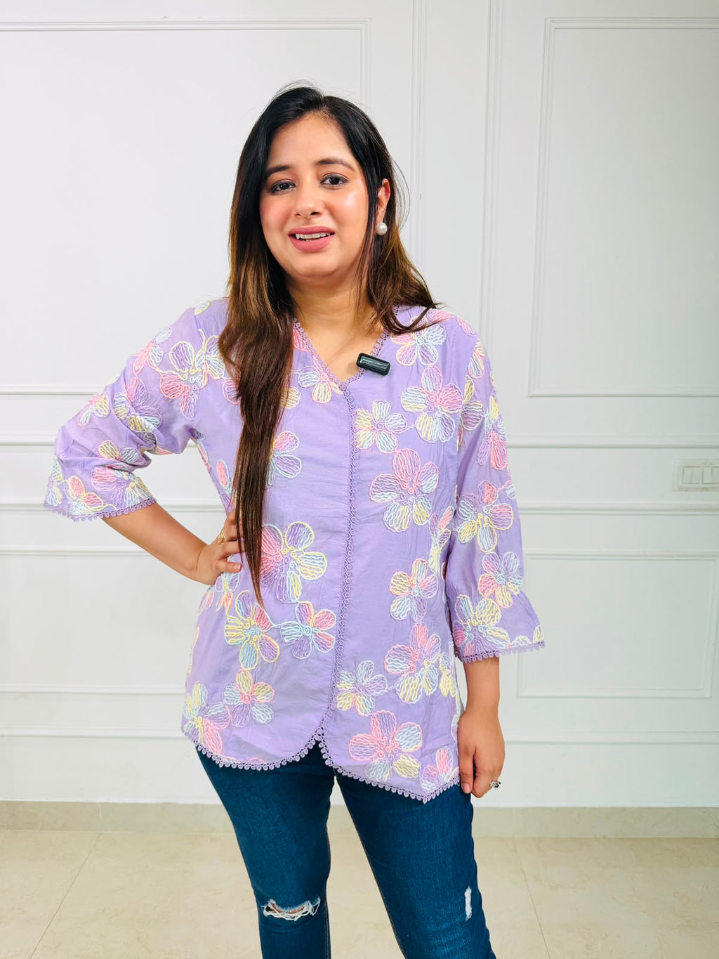 Phoolkari | Floral Embroidered Scallop Hem Top