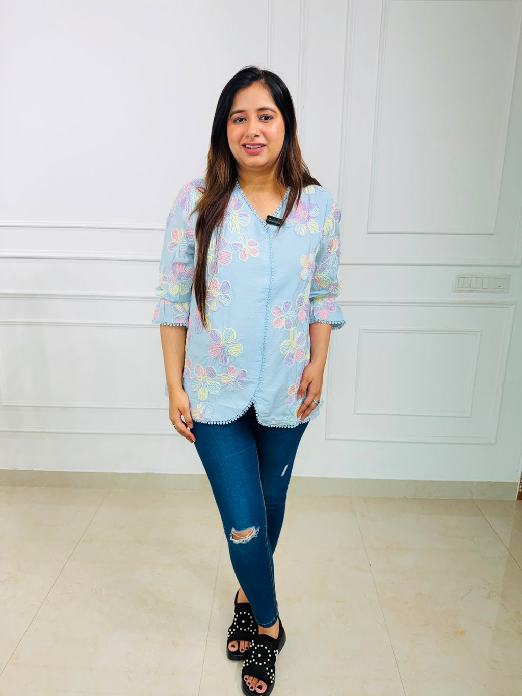 Phoolkari | Floral Embroidered Scallop Hem Top