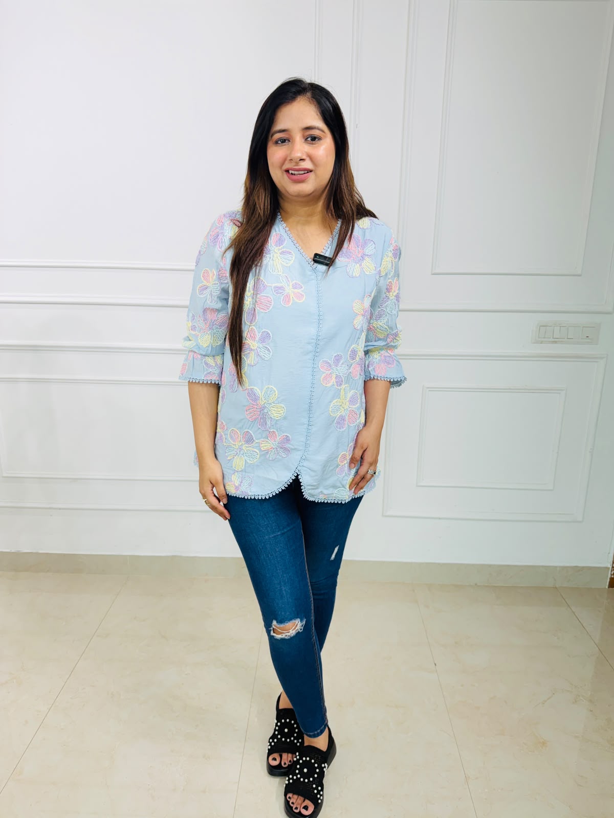 Phoolkari | Floral Embroidered Scallop Hem Top