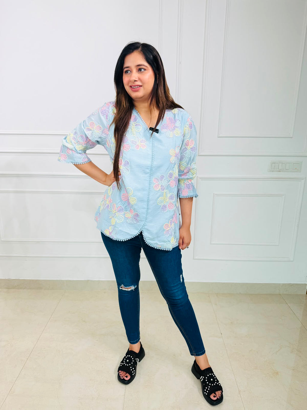 Phoolkari | Floral Embroidered Scallop Hem Top