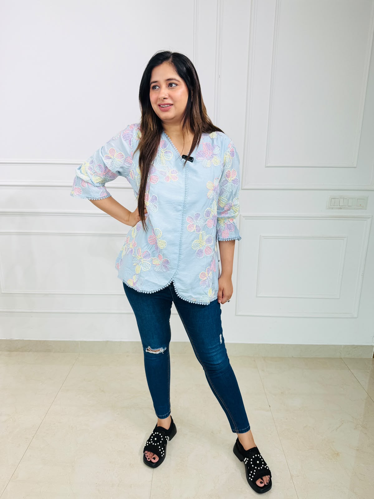 Phoolkari | Floral Embroidered Scallop Hem Top