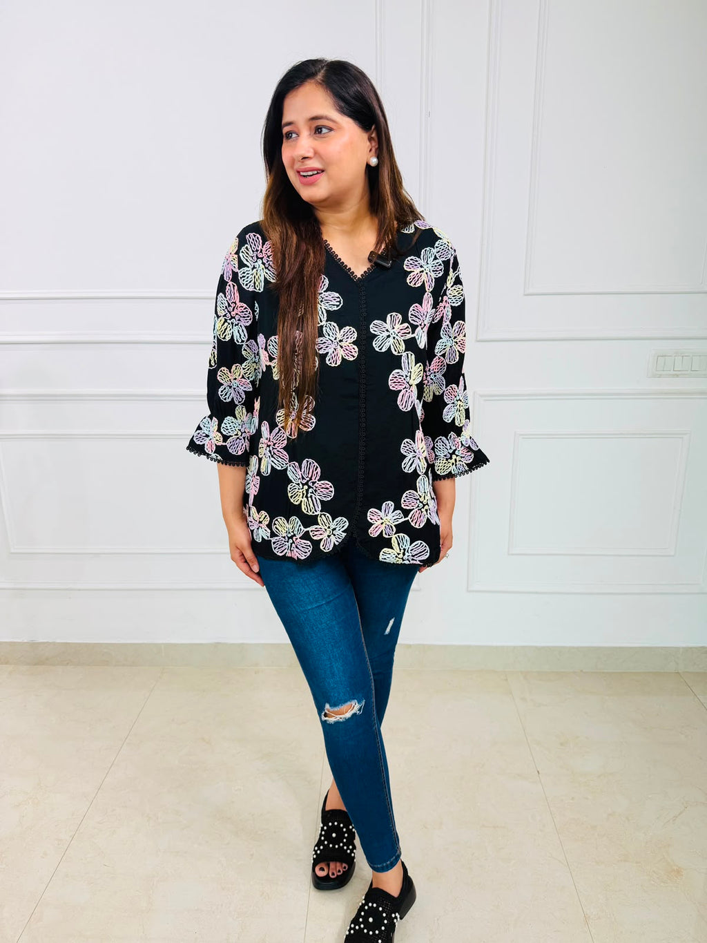 Phoolkari | Floral Embroidered Scallop Hem Top
