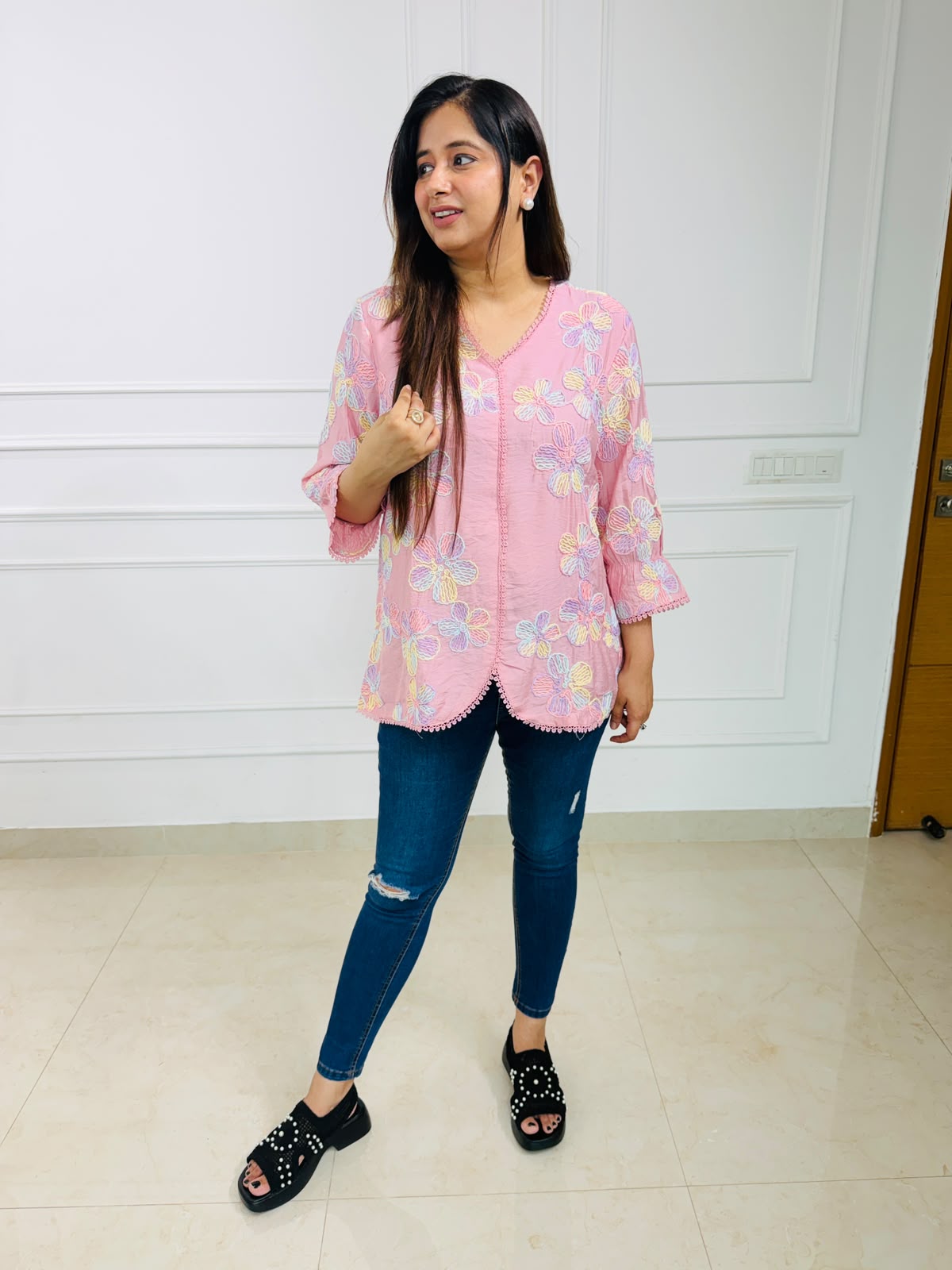 Phoolkari | Floral Embroidered Scallop Hem Top