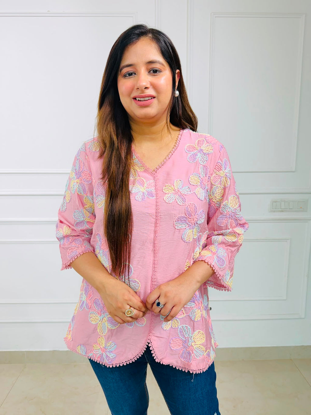 Phoolkari | Floral Embroidered Scallop Hem Top