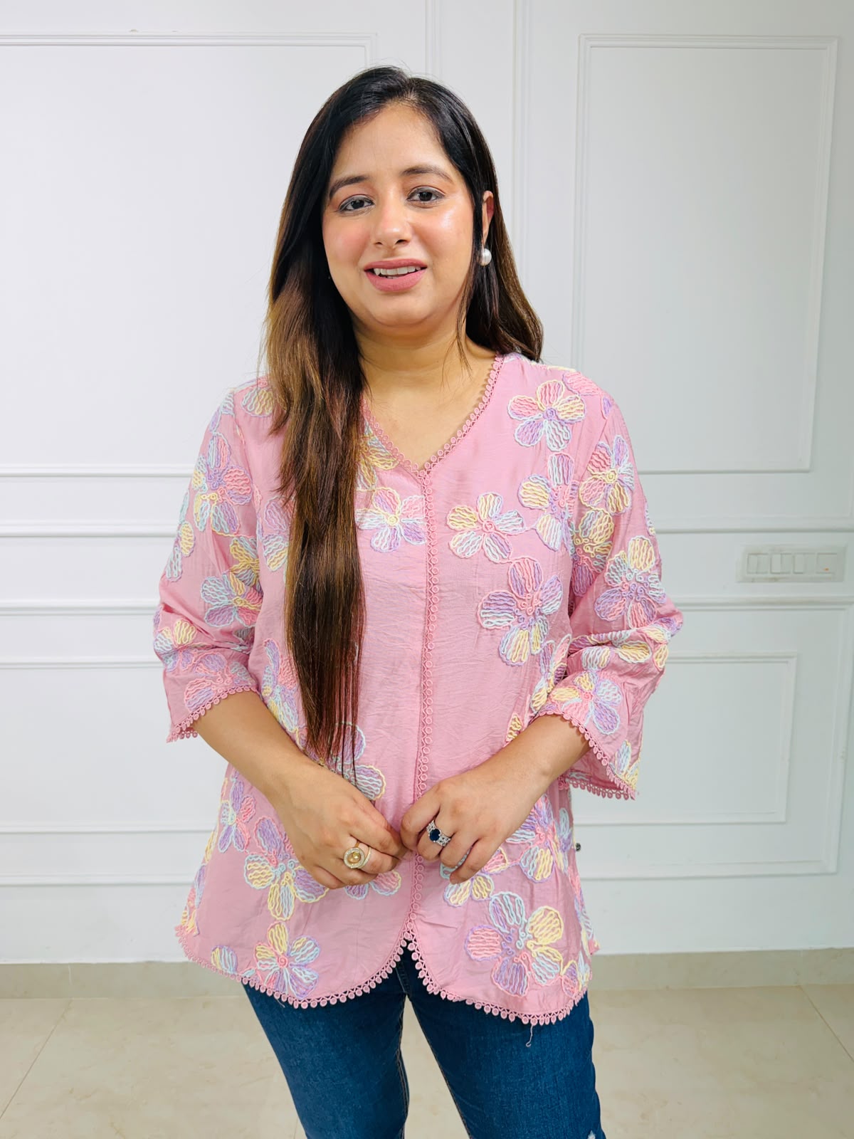 Phoolkari | Floral Embroidered Scallop Hem Top