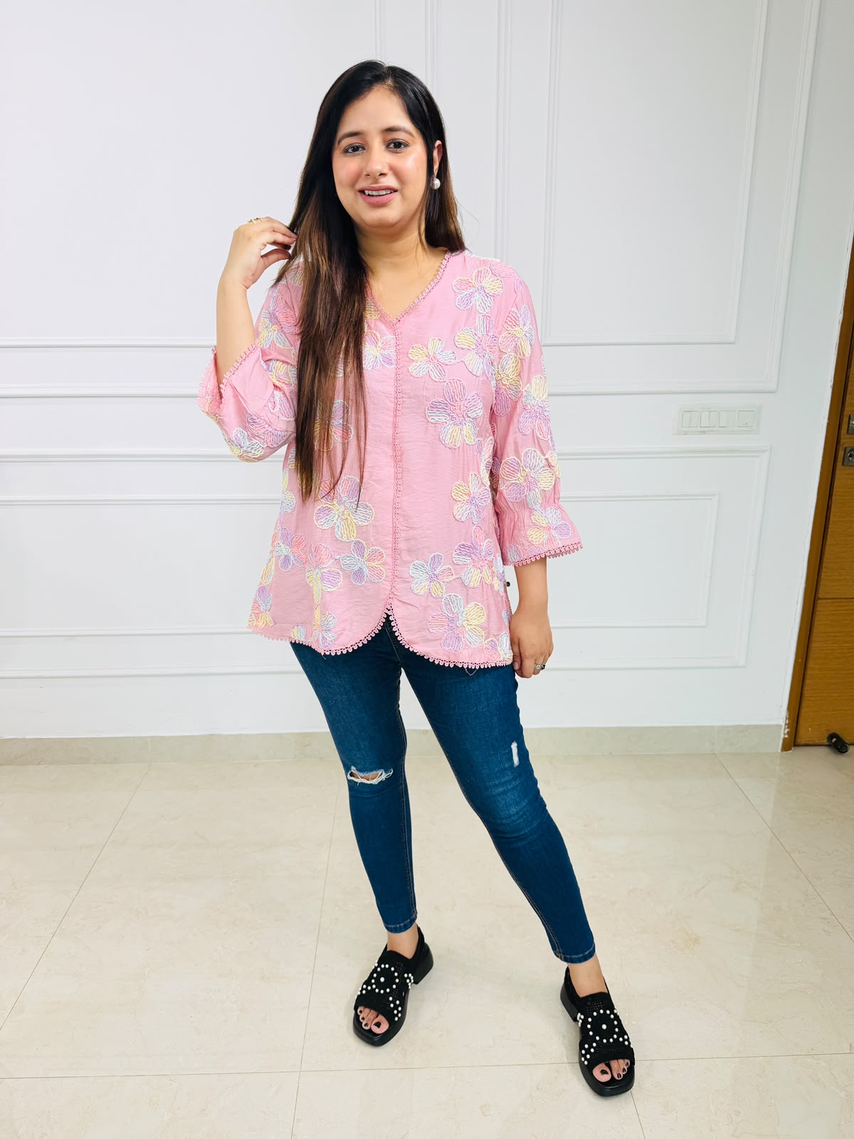 Phoolkari | Floral Embroidered Scallop Hem Top