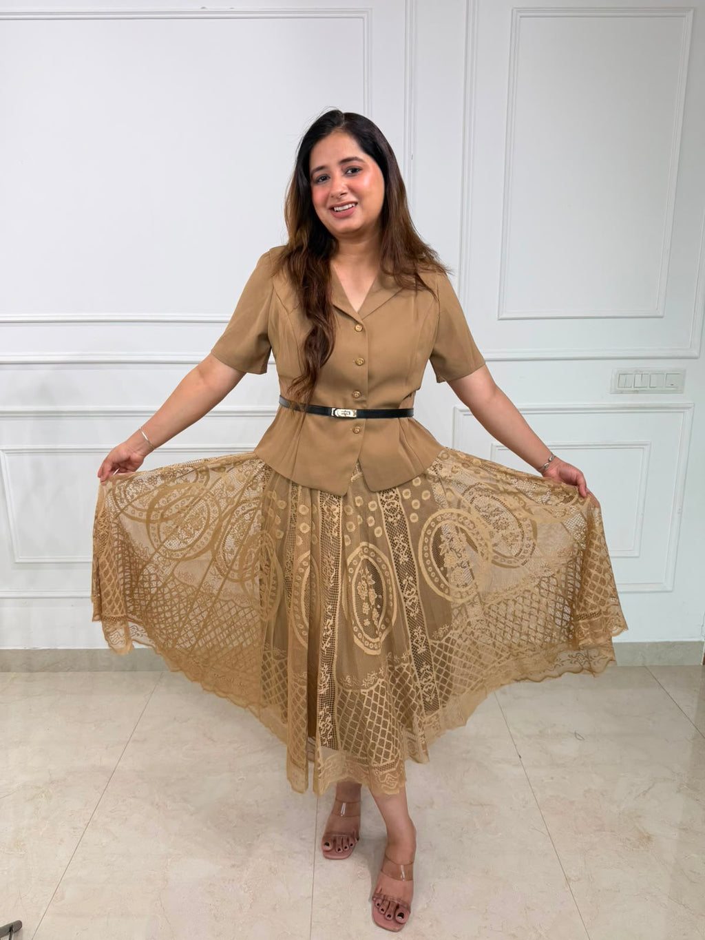 Tanirika | Belted Lace Overlay Midi Dress for Women