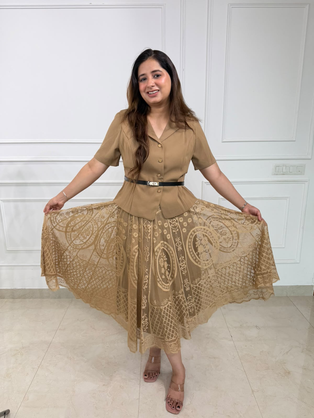 Tanirika | Belted Lace Overlay Midi Dress for Women