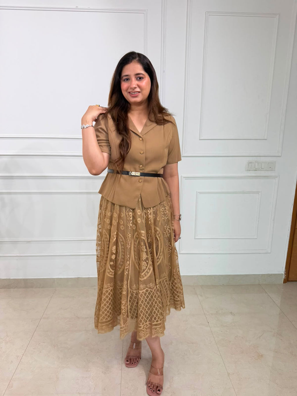 Tanirika | Belted Lace Overlay Midi Dress for Women