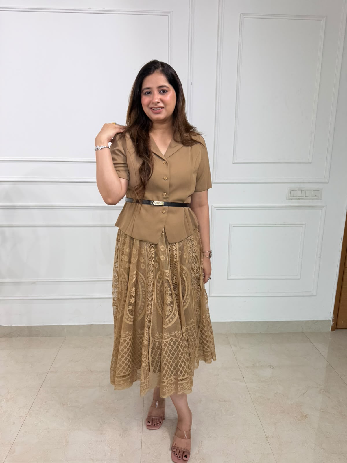 Tanirika | Belted Lace Overlay Midi Dress for Women