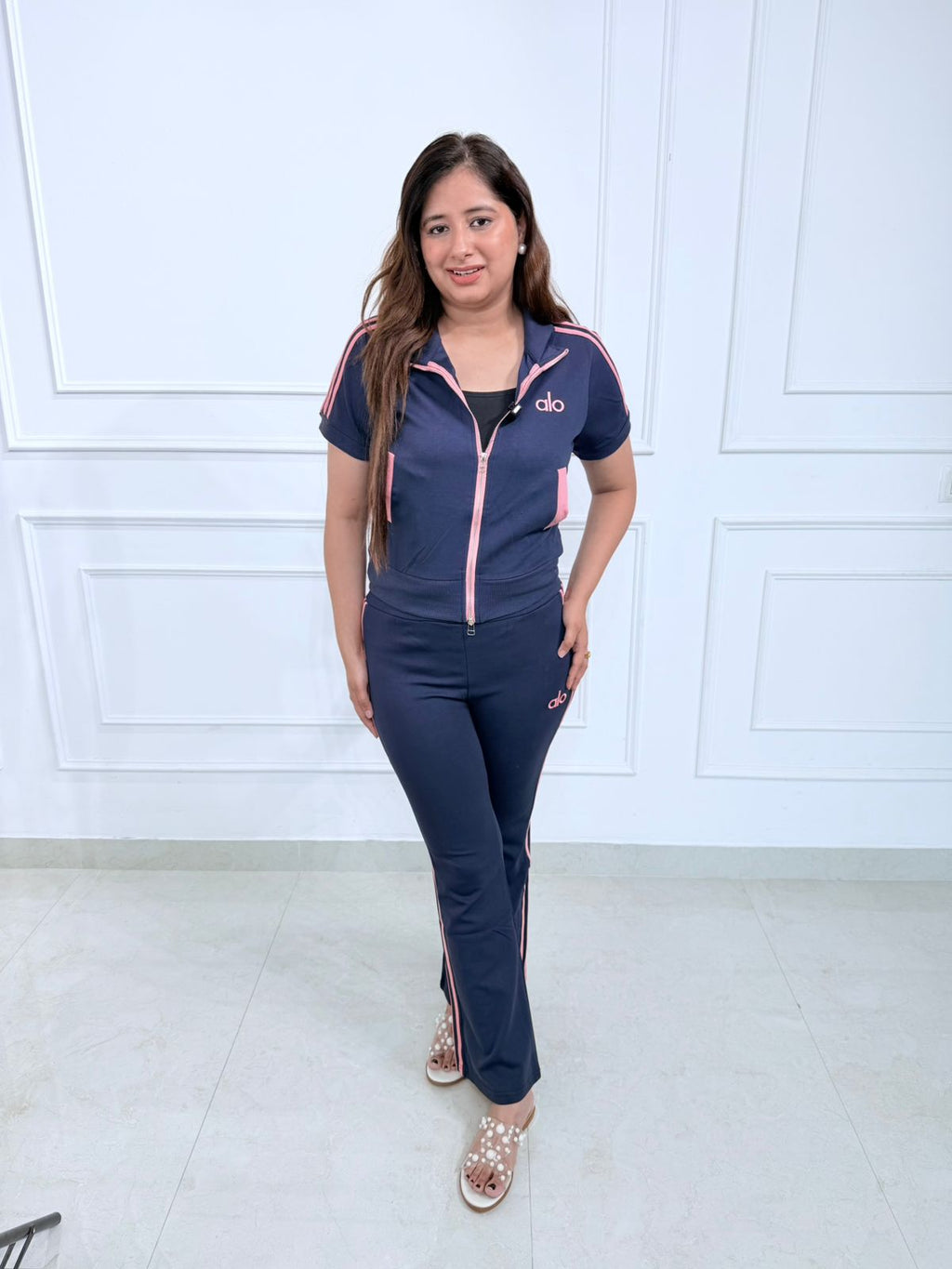 Aarini Women's Ribbed Zip-Up Co-Ord Set | Half Sleeve Top & Flared Pants | Casual Athleisure Outfit
