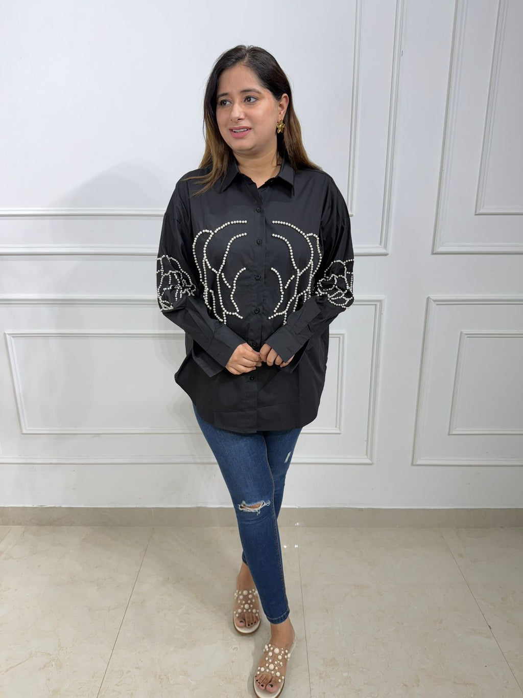 Meher Women's Pearl Embellished Oversized Shirt | Floral Design | Full Sleeve Casual & Party Wear