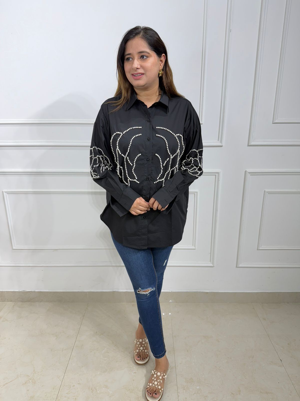 Meher Women's Pearl Embellished Oversized Shirt | Floral Design | Full Sleeve Casual & Party Wear