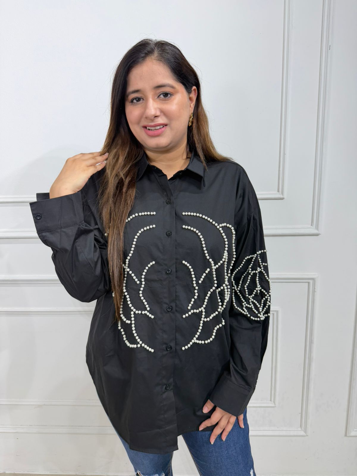 Meher Women's Pearl Embellished Oversized Shirt | Floral Design | Full Sleeve Casual & Party Wear