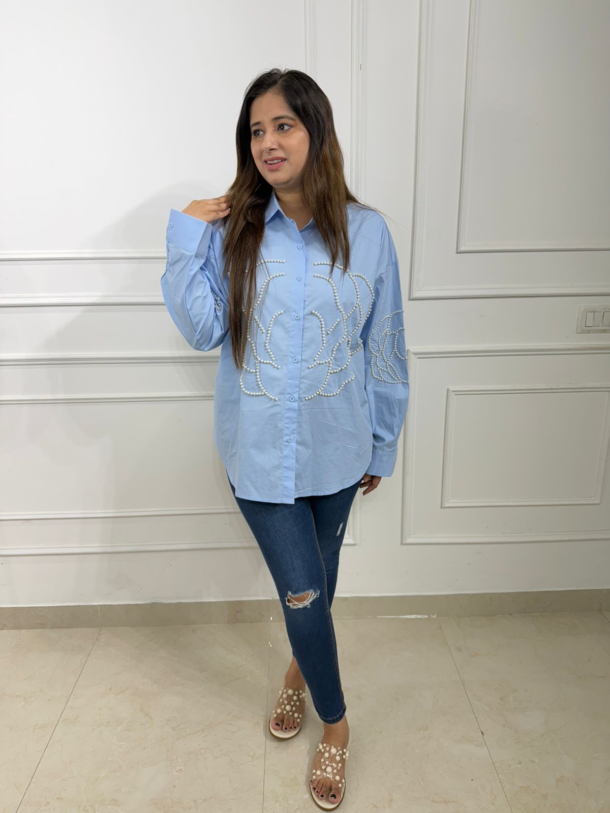 Meher Women's Pearl Embellished Oversized Shirt | Floral Design | Full Sleeve Casual & Party Wear