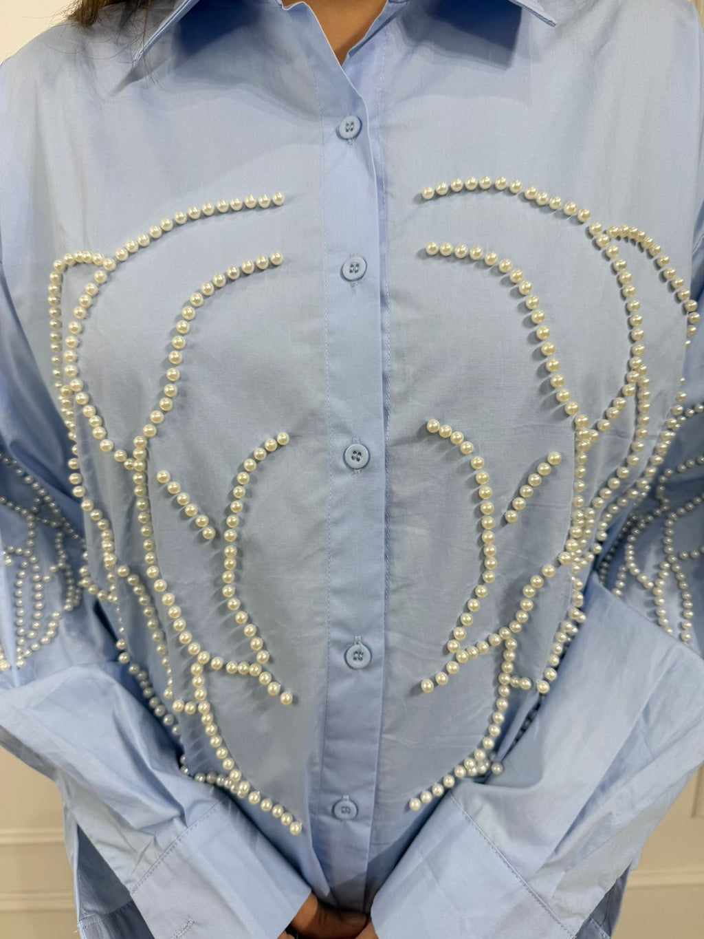 Meher Women's Pearl Embellished Oversized Shirt | Floral Design | Full Sleeve Casual & Party Wear