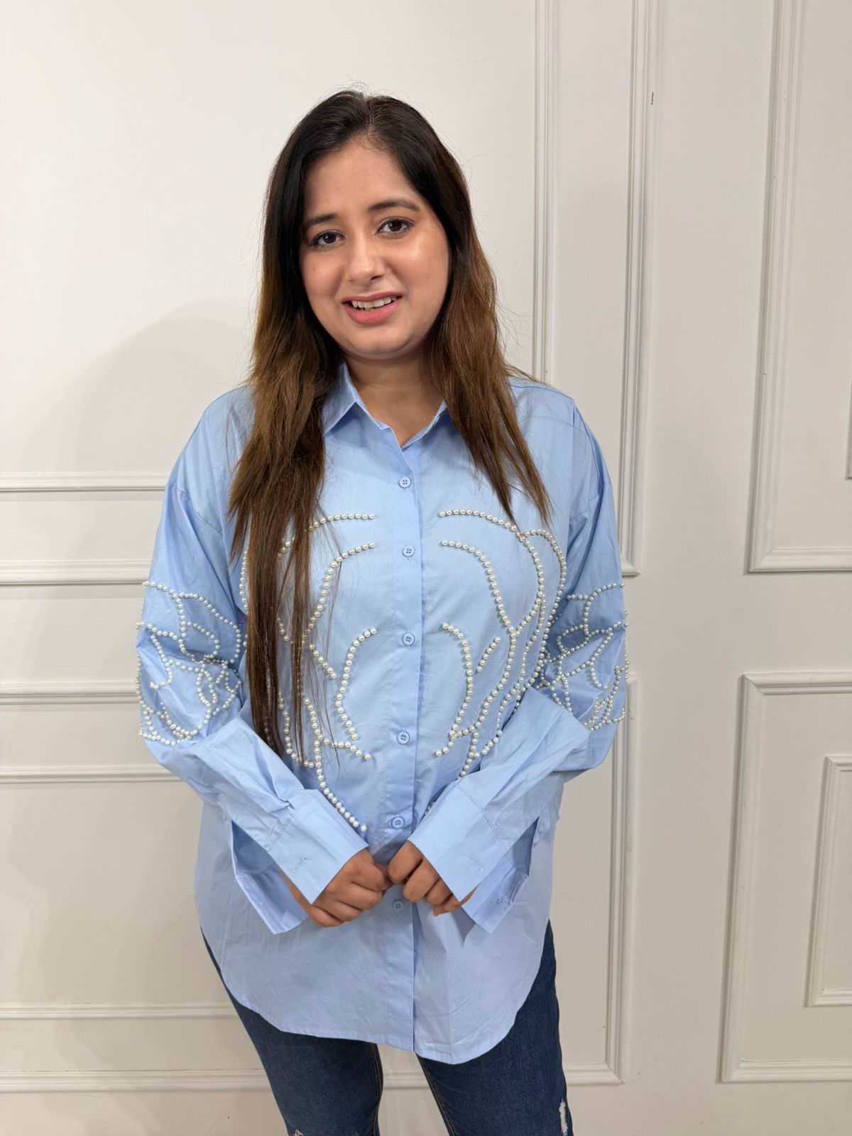 Meher Women's Pearl Embellished Oversized Shirt | Floral Design | Full Sleeve Casual & Party Wear