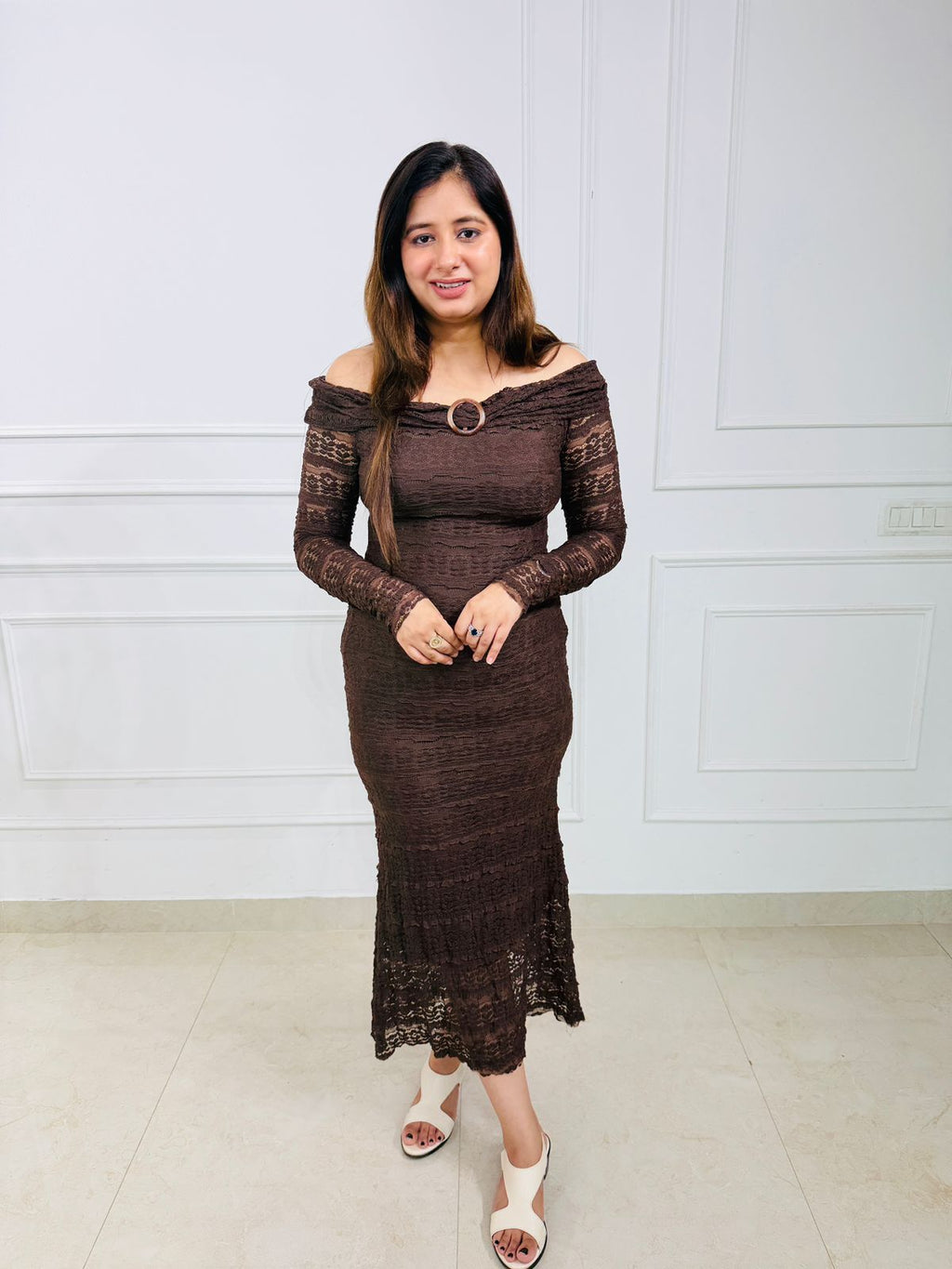 Elara | Off-Shoulder Textured Midi Dress Ring Detail Bodycon Midi Dress