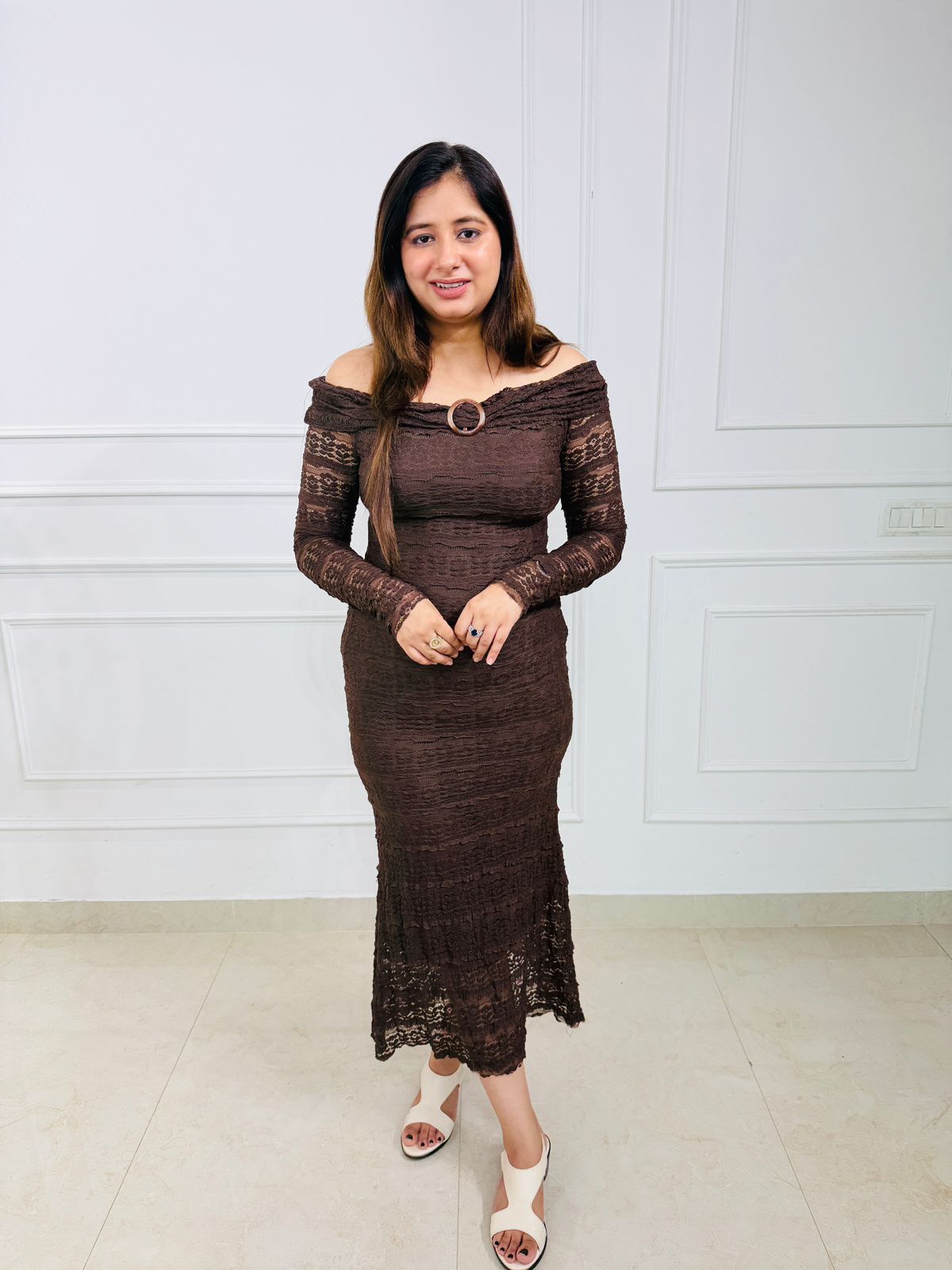 Elara | Off-Shoulder Textured Midi Dress Ring Detail Bodycon Midi Dress