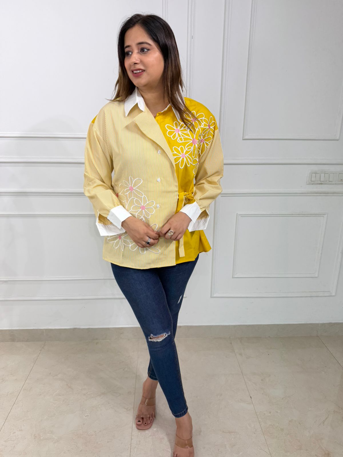 Elowen | Floral Embroidered Wrap Shirt for Women