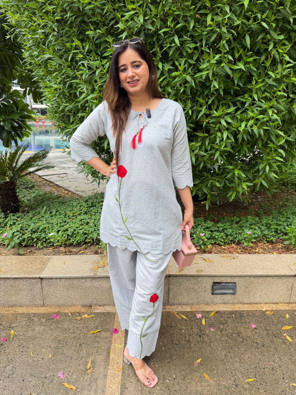 Rosette | Bloom Embroidered Grey Cotton Co-ord Set with Red Floral Embroidery for Women
