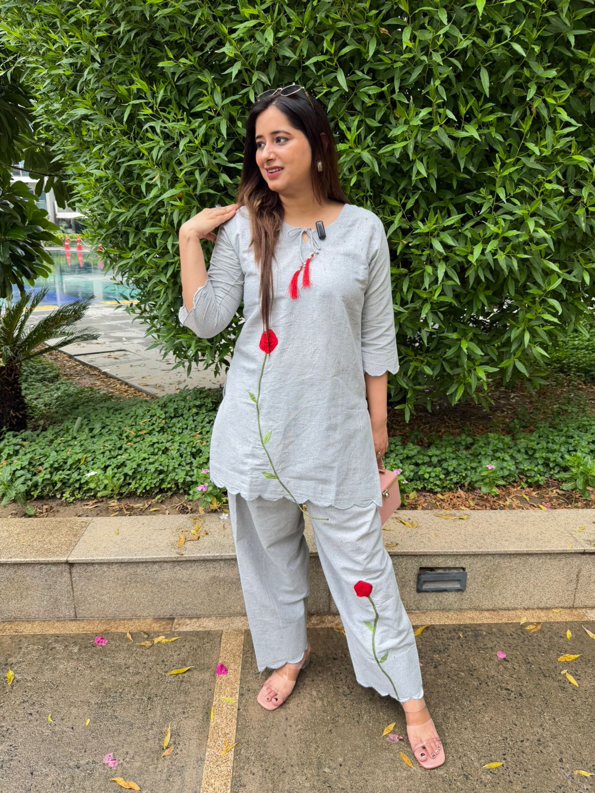 Rosette | Bloom Embroidered Grey Cotton Co-ord Set with Red Floral Embroidery for Women