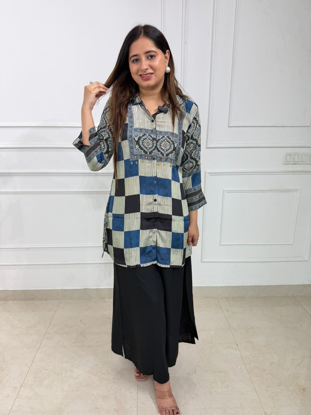 Noir co-ord Indigo & Black Geometric Printed Shirt with Wide-Leg Pants Co-ord Set for Women