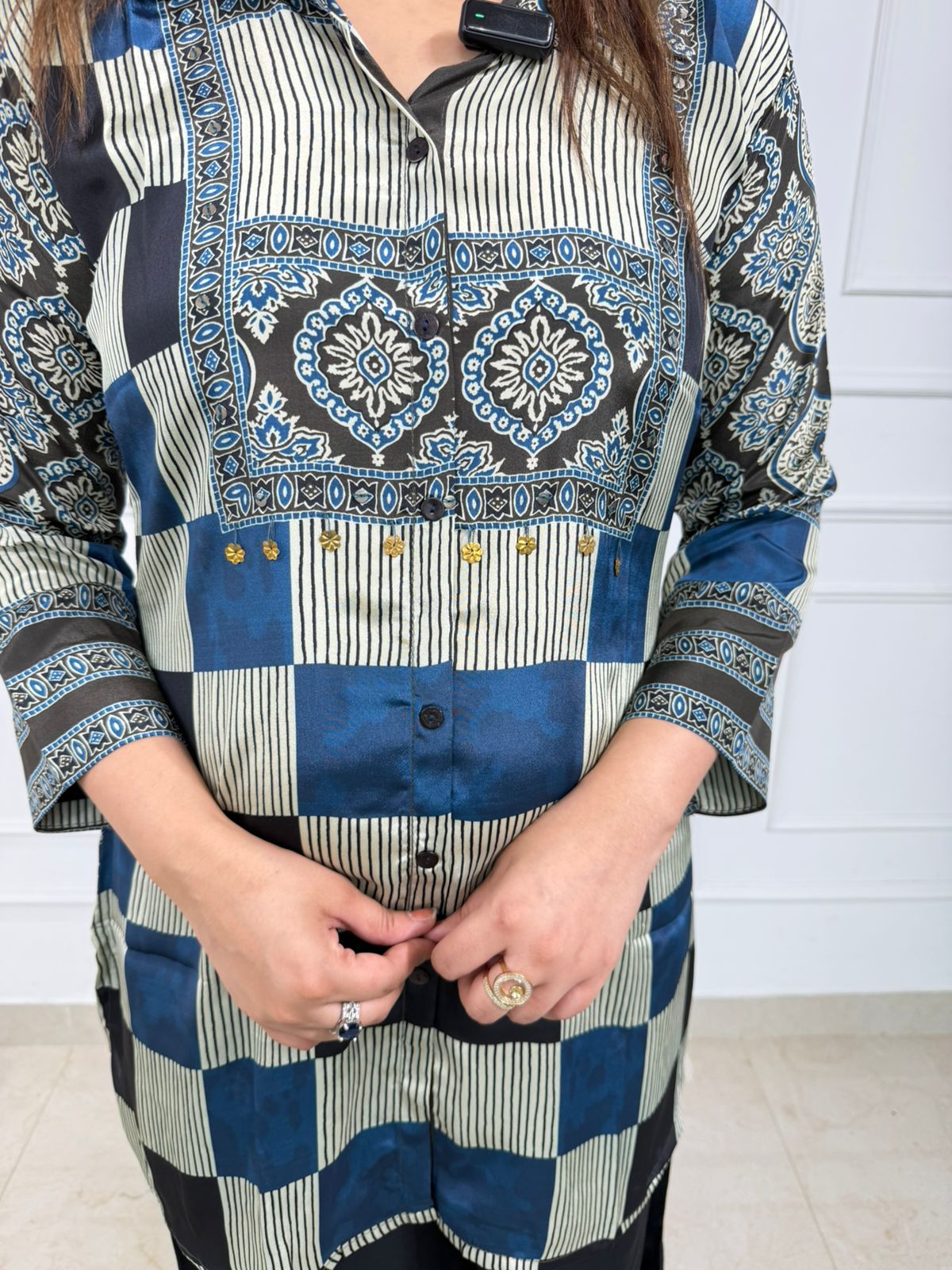 Noir co-ord Indigo & Black Geometric Printed Shirt with Wide-Leg Pants Co-ord Set for Women