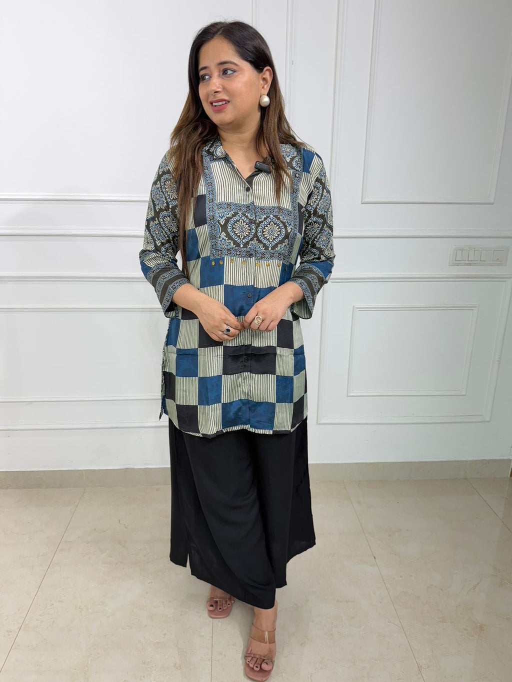 Noir co-ord Indigo & Black Geometric Printed Shirt with Wide-Leg Pants Co-ord Set for Women