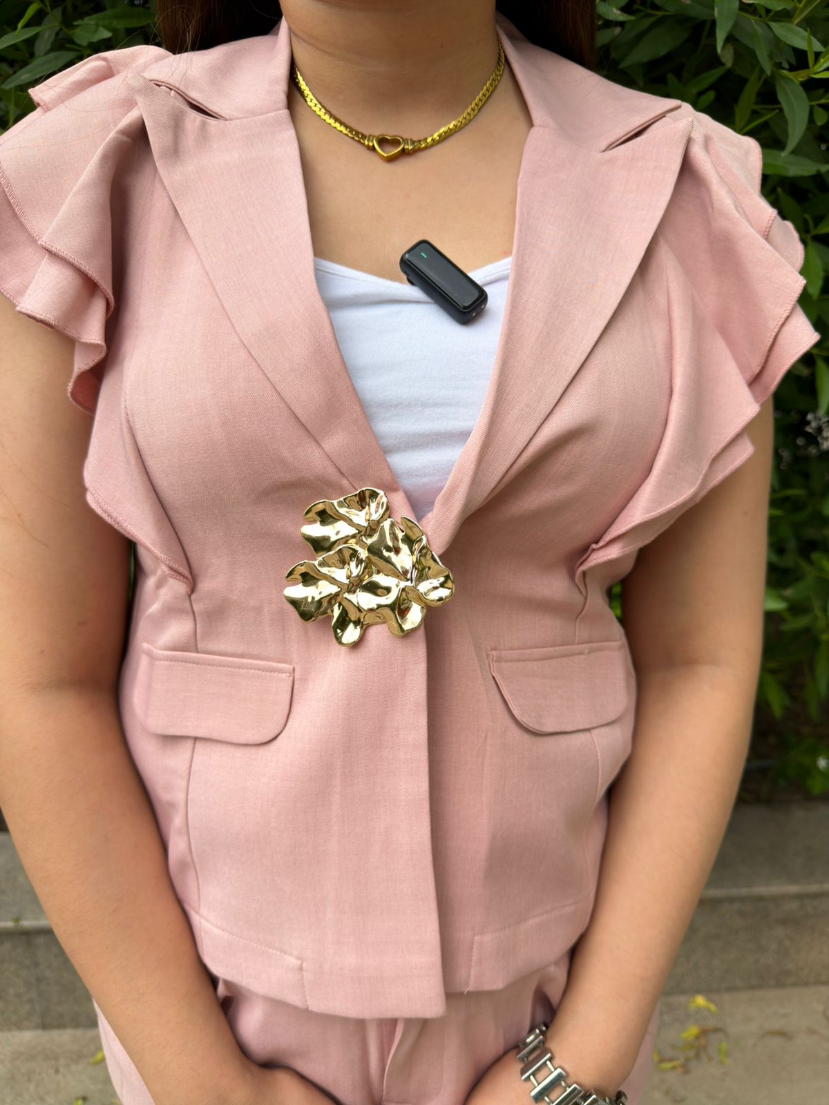 Orien | Pink Ruffle Sleeve Co-Ord Set with Statement Brooch