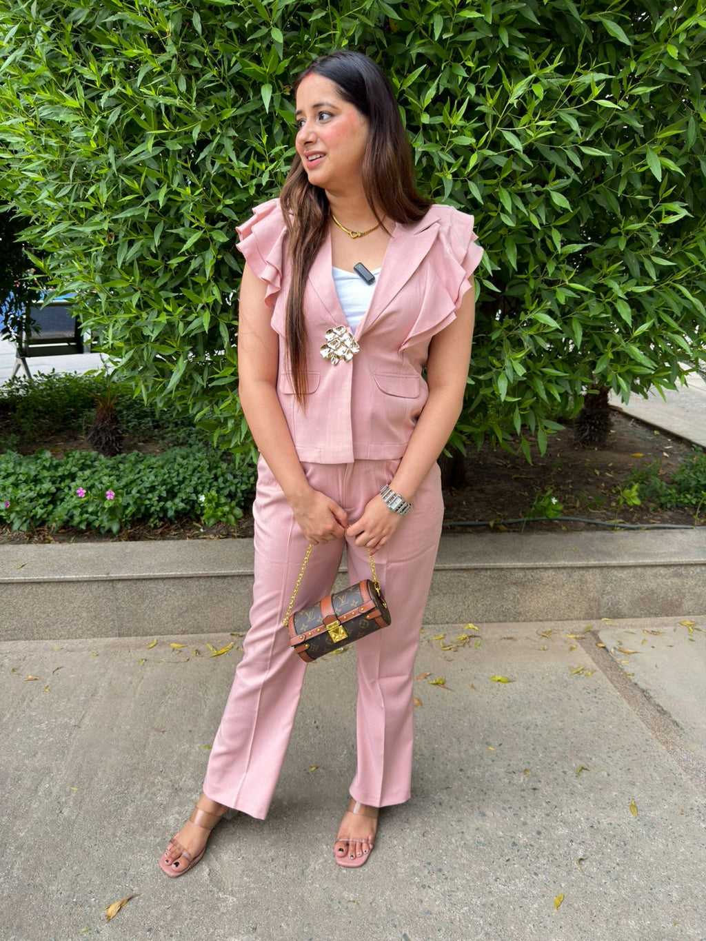 Orien | Pink Ruffle Sleeve Co-Ord Set with Statement Brooch
