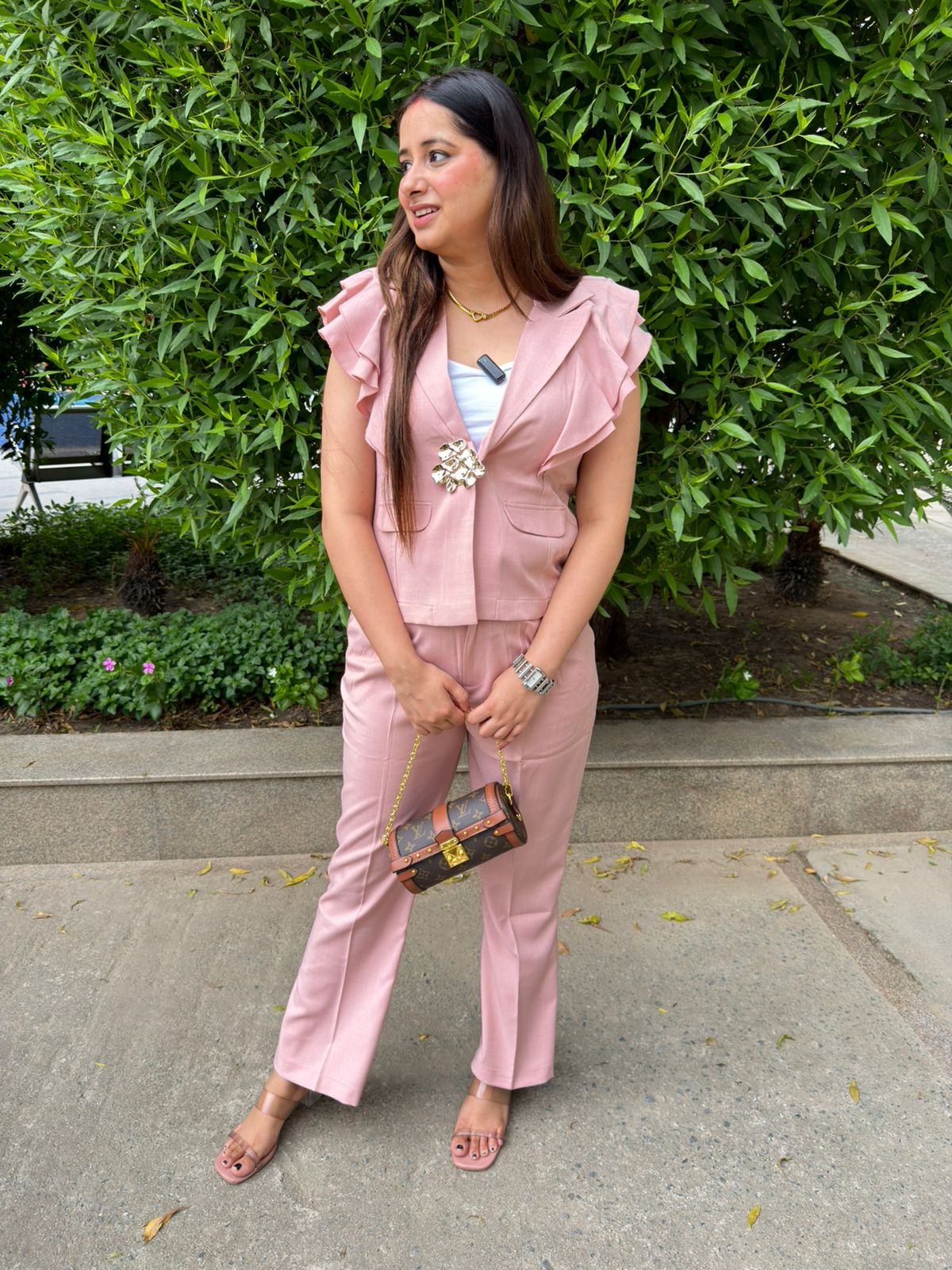 Orien | Pink Ruffle Sleeve Co-Ord Set with Statement Brooch