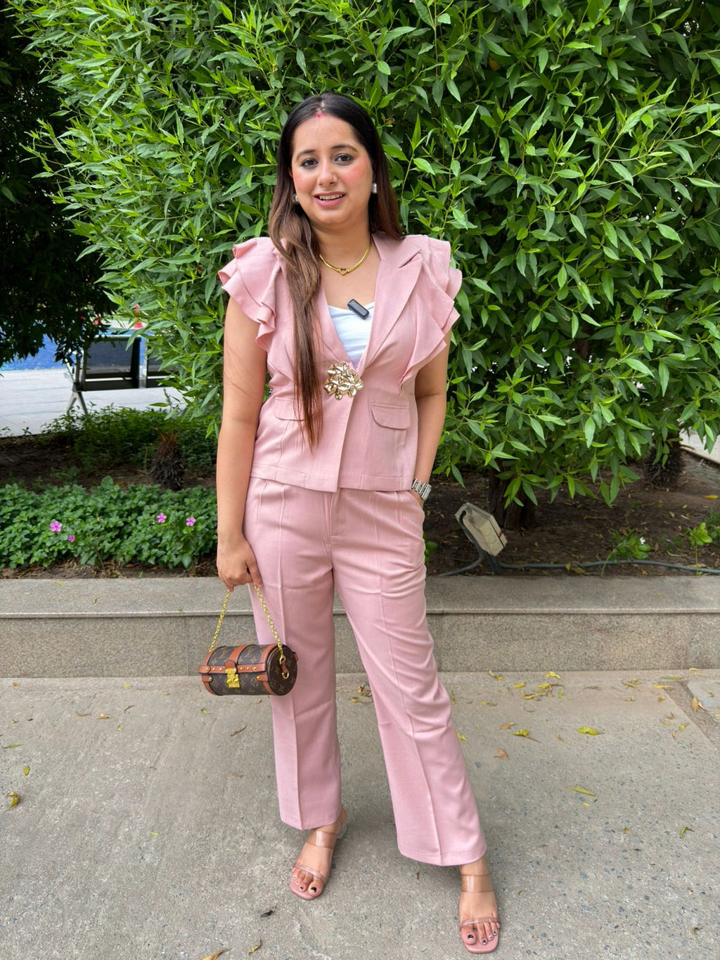 Orien | Pink Ruffle Sleeve Co-Ord Set with Statement Brooch