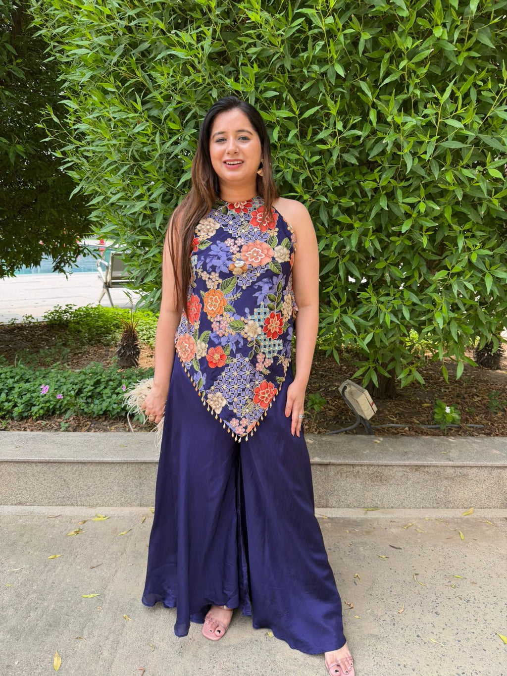 Evren | Navy Blue Floral Embroidered Halter Jumpsuit
