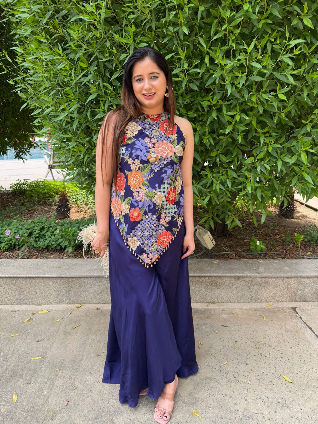 Evren | Navy Blue Floral Embroidered Halter Jumpsuit
