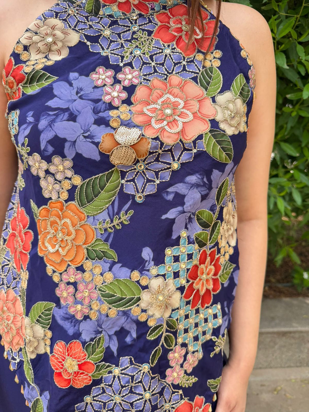 Evren | Navy Blue Floral Embroidered Halter Jumpsuit