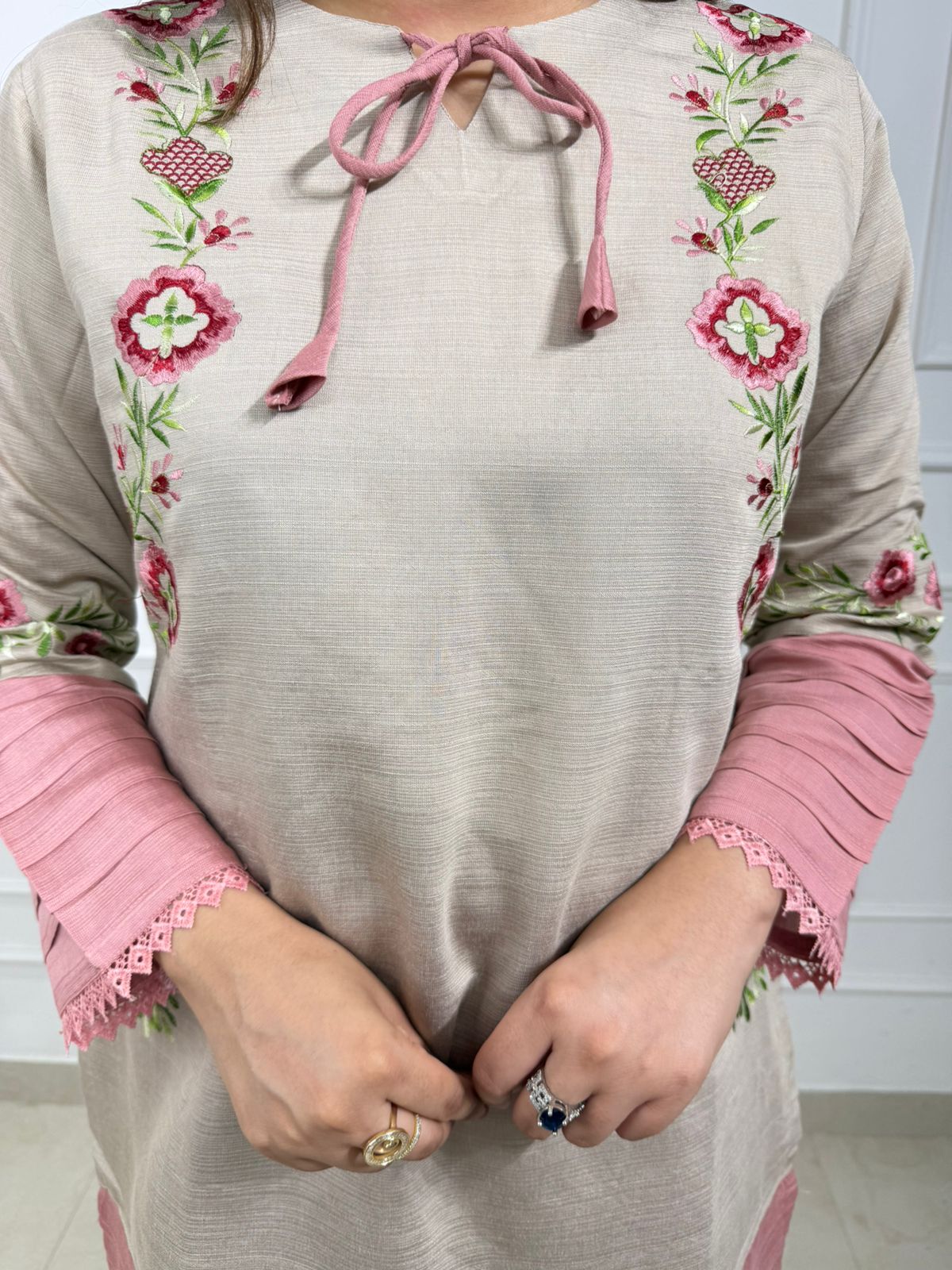 Elowen | Blush Pink & Beige Embroidered Cotton Silk Kurta Set