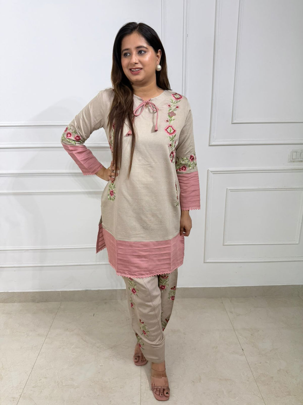 Elowen | Blush Pink & Beige Embroidered Cotton Silk Kurta Set