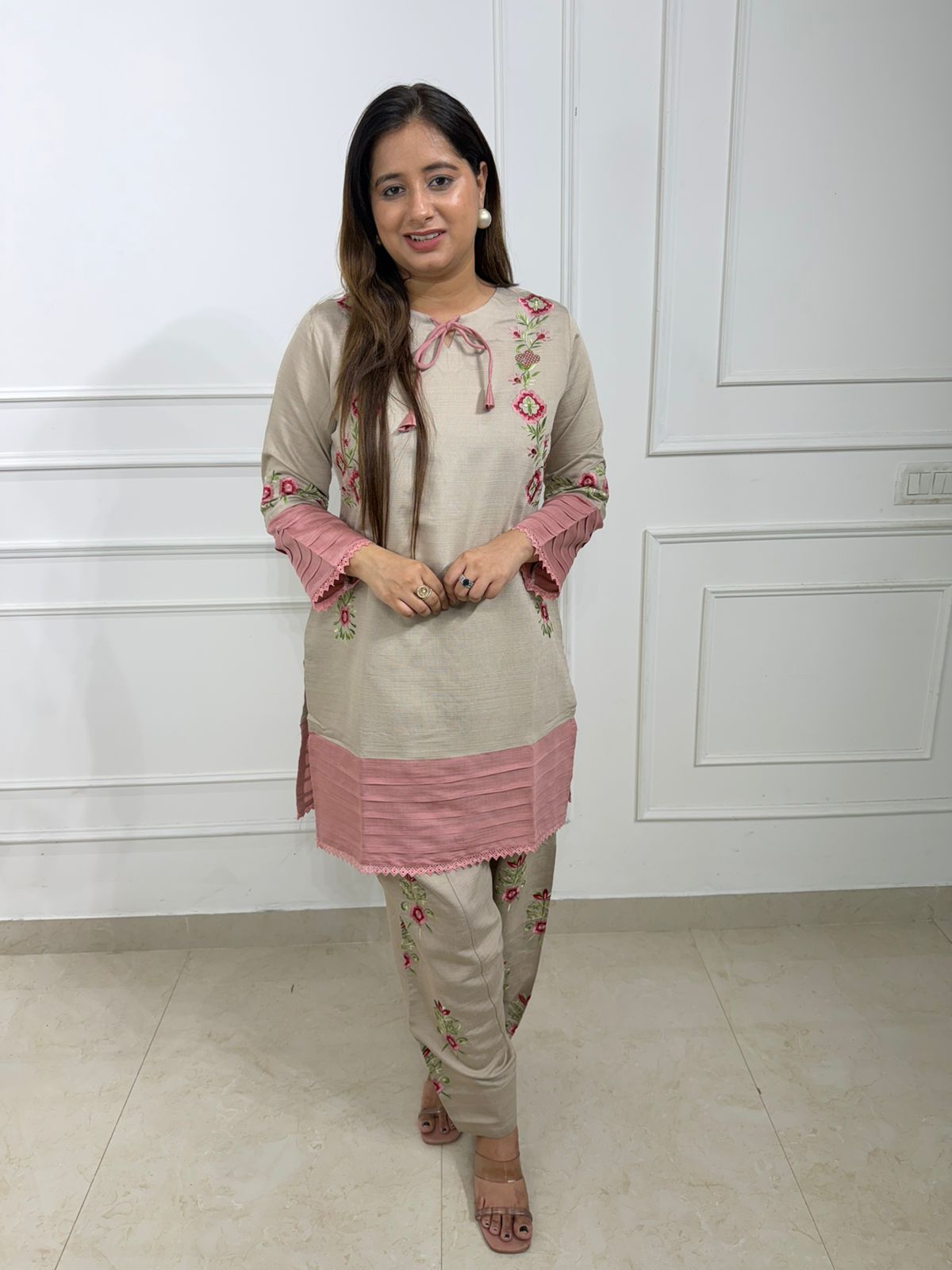 Elowen | Blush Pink & Beige Embroidered Cotton Silk Kurta Set