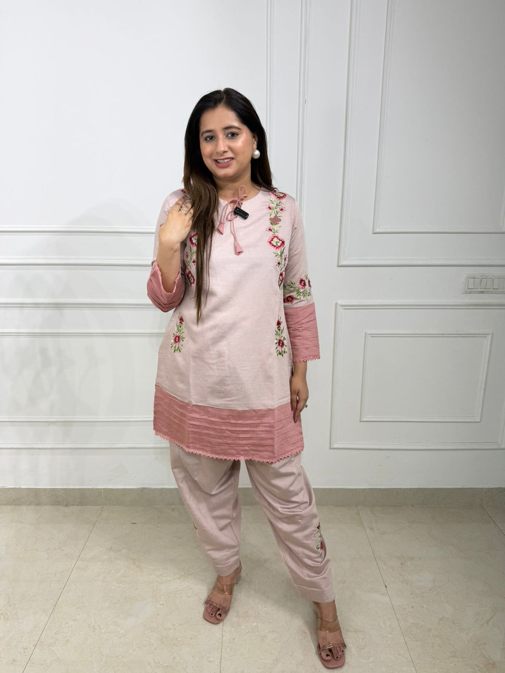 Aurelian | Blush Pink Embroidered Straight Kurta with Matching Pants