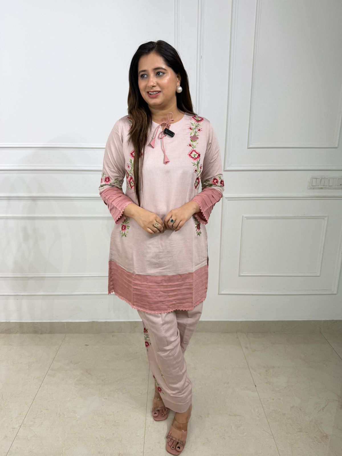 Aurelian | Blush Pink Embroidered Straight Kurta with Matching Pants