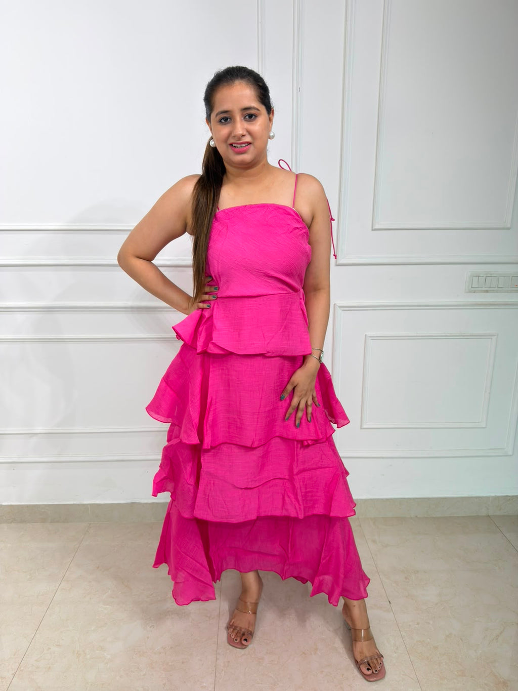 Saanvi | Women's Hot Pink Sleeveless Tiered Ruffle Maxi Dress | Layered Party & Occasion Wear