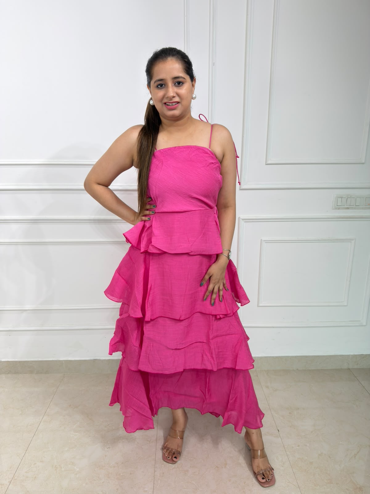 Saanvi | Women's Hot Pink Sleeveless Tiered Ruffle Maxi Dress | Layered Party & Occasion Wear