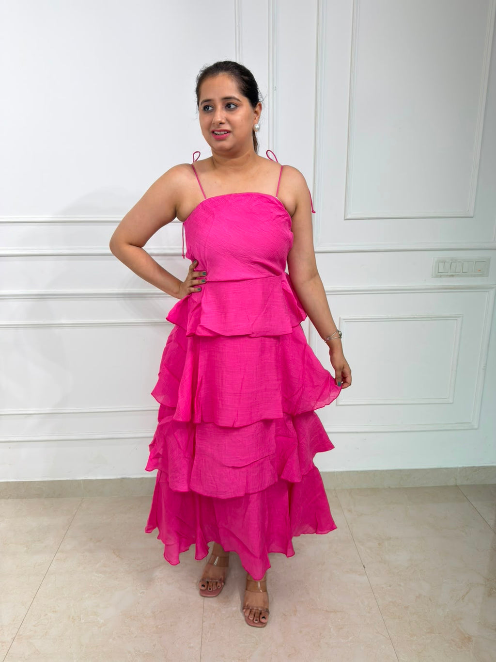 Saanvi | Women's Hot Pink Sleeveless Tiered Ruffle Maxi Dress | Layered Party & Occasion Wear