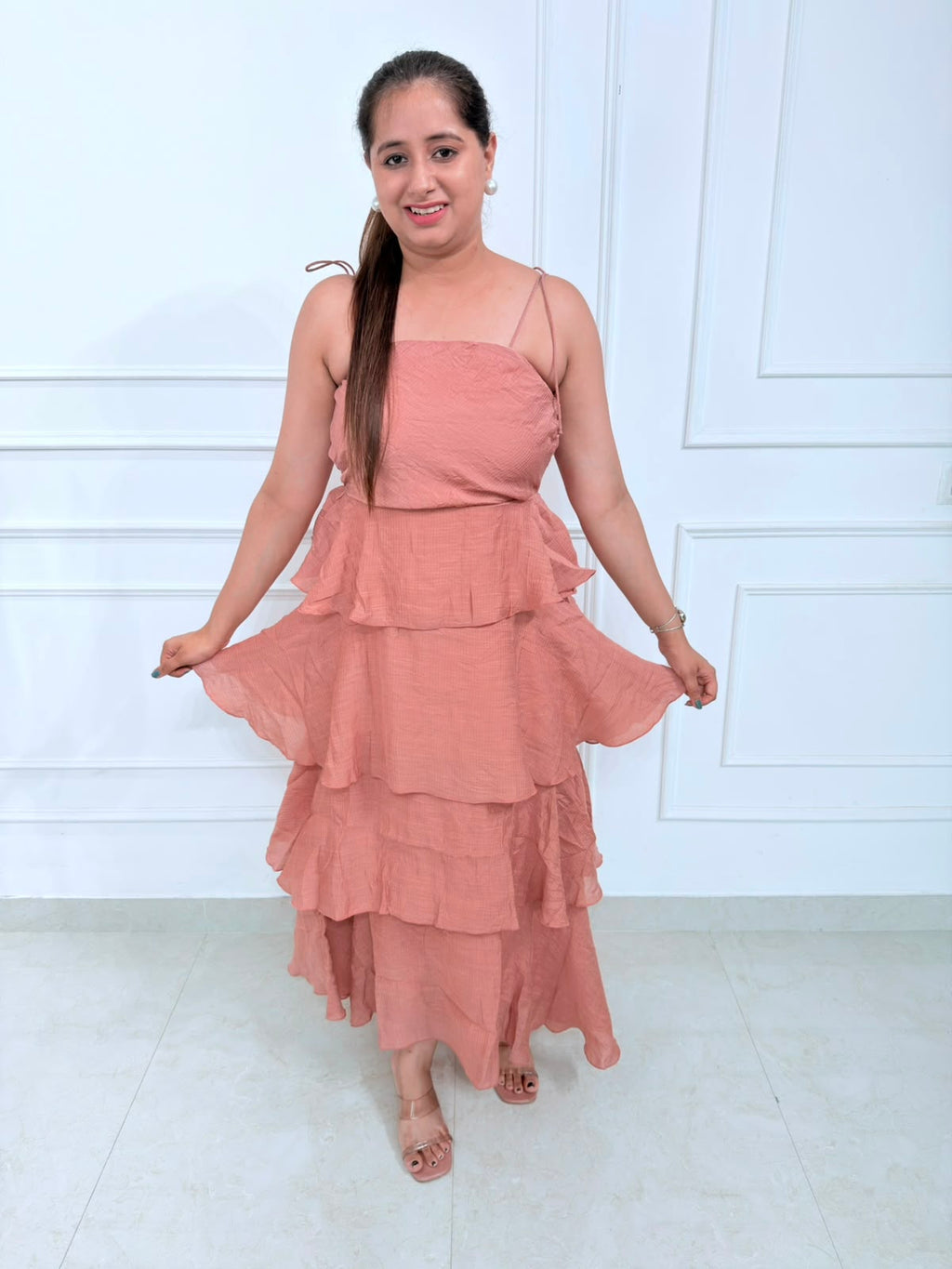 Evara | Women's Dusty Rose Sleeveless Tiered Ruffle Maxi Dress | Party & Occasion Wear