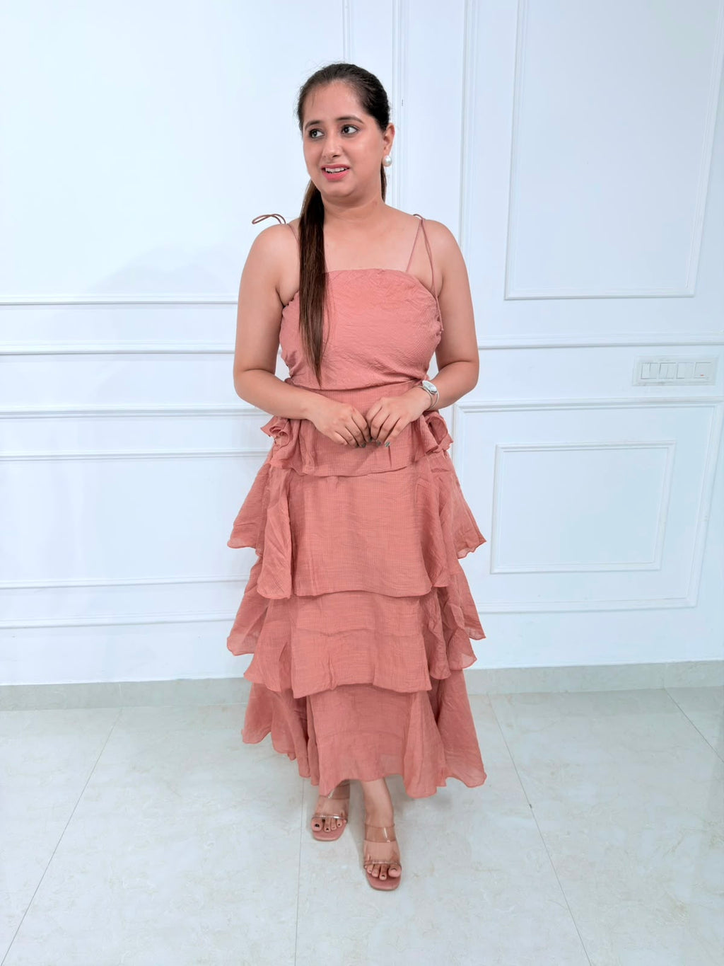 Evara | Women's Dusty Rose Sleeveless Tiered Ruffle Maxi Dress | Party & Occasion Wear